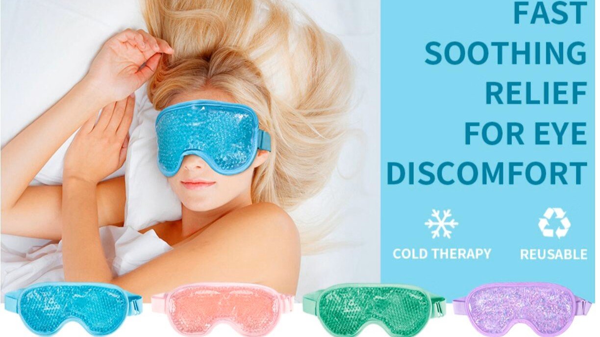 A woman with long blonde hair lies in bed wearing a reusable gel bead eye mask, with four colorful gel eye masks displayed below and text highlighting fast soothing relief for eye discomfort, cold therapy, and reusability.